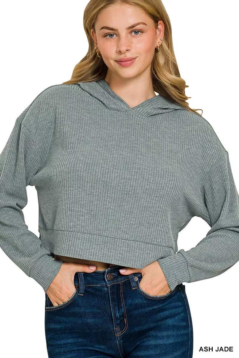 Zenana Drop Shoulder Ribbed Crop Hoodie - Trendsi - Flyclothing LLC