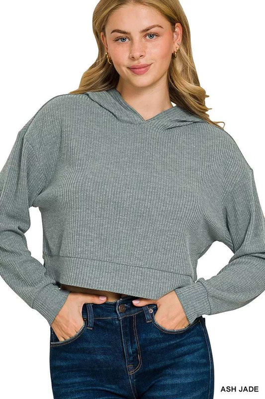 Zenana Drop Shoulder Ribbed Crop Hoodie - Trendsi - Flyclothing LLC