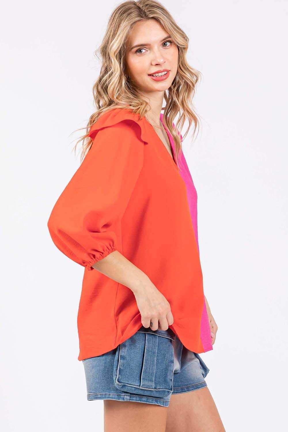 GeeGee Full Size Ruffle Trim Contrast Blouse - Trendsi - Flyclothing LLC