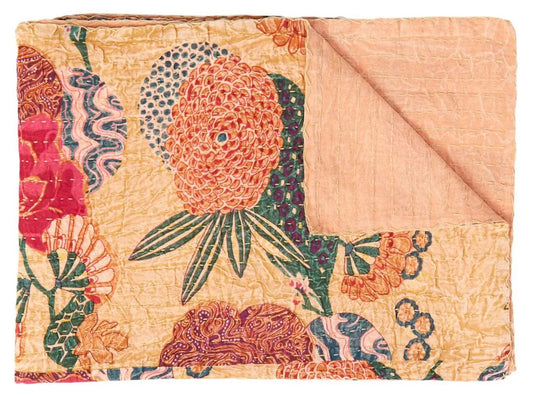 50" X 70" Orange and Red Kantha Cotton Floral Throw Blanket with Embroidery - Homeroots