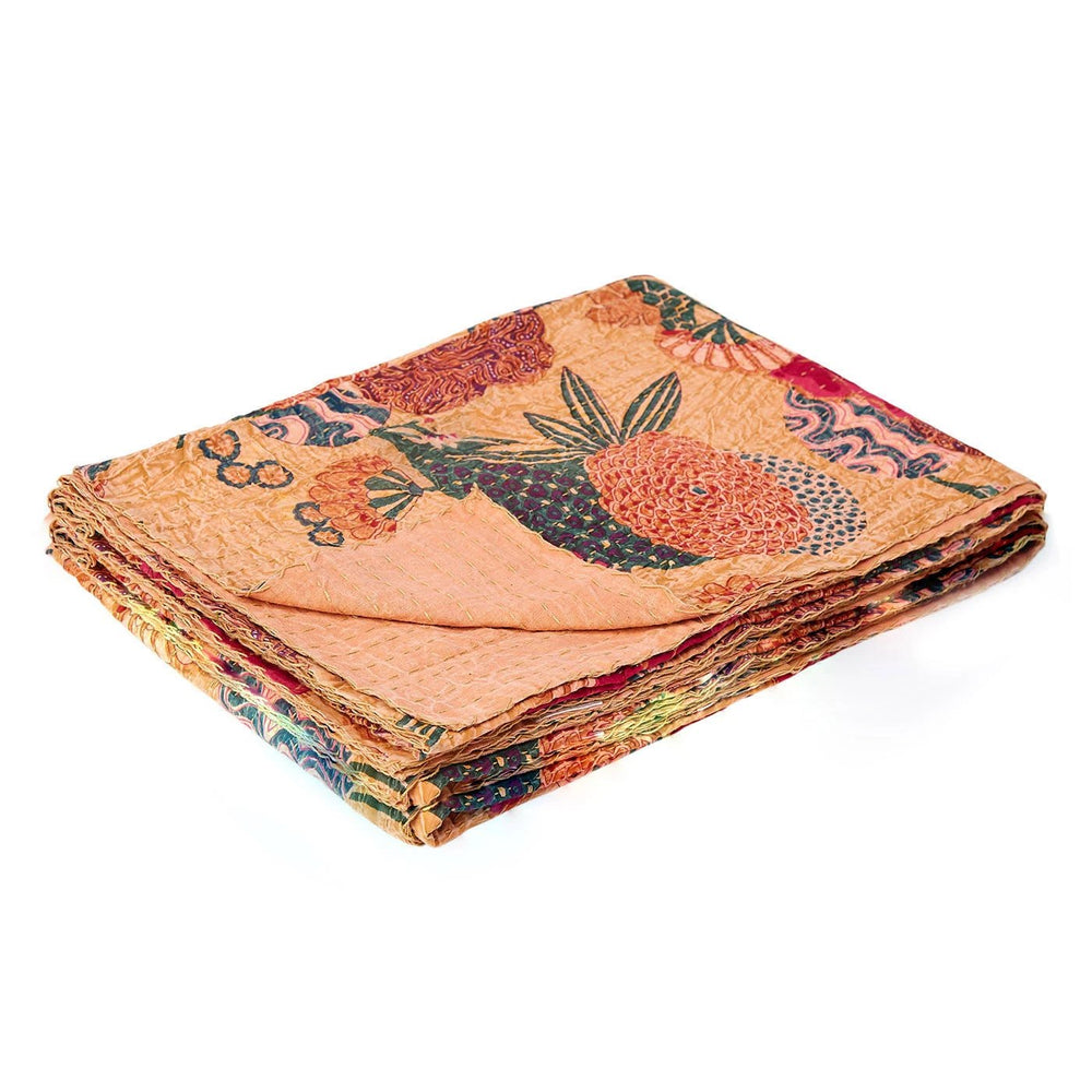 50" X 70" Orange and Red Kantha Cotton Floral Throw Blanket with Embroidery - Homeroots - Flyclothing LLC