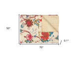 50" X 70" Yellow and Red Kantha Cotton Floral Throw Blanket with Embroidery - Homeroots - Flyclothing LLC