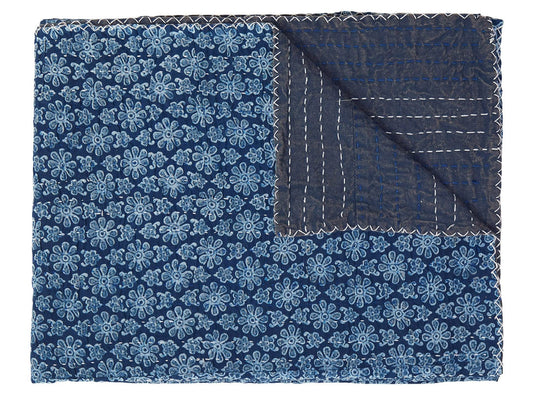50" X 70" Blue Kantha Cotton Floral Throw Blanket with Embroidery - Homeroots