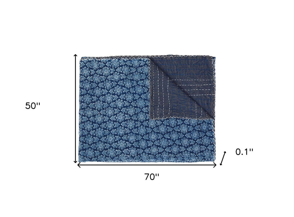 50" X 70" Blue Kantha Cotton Floral Throw Blanket with Embroidery - Homeroots - Flyclothing LLC