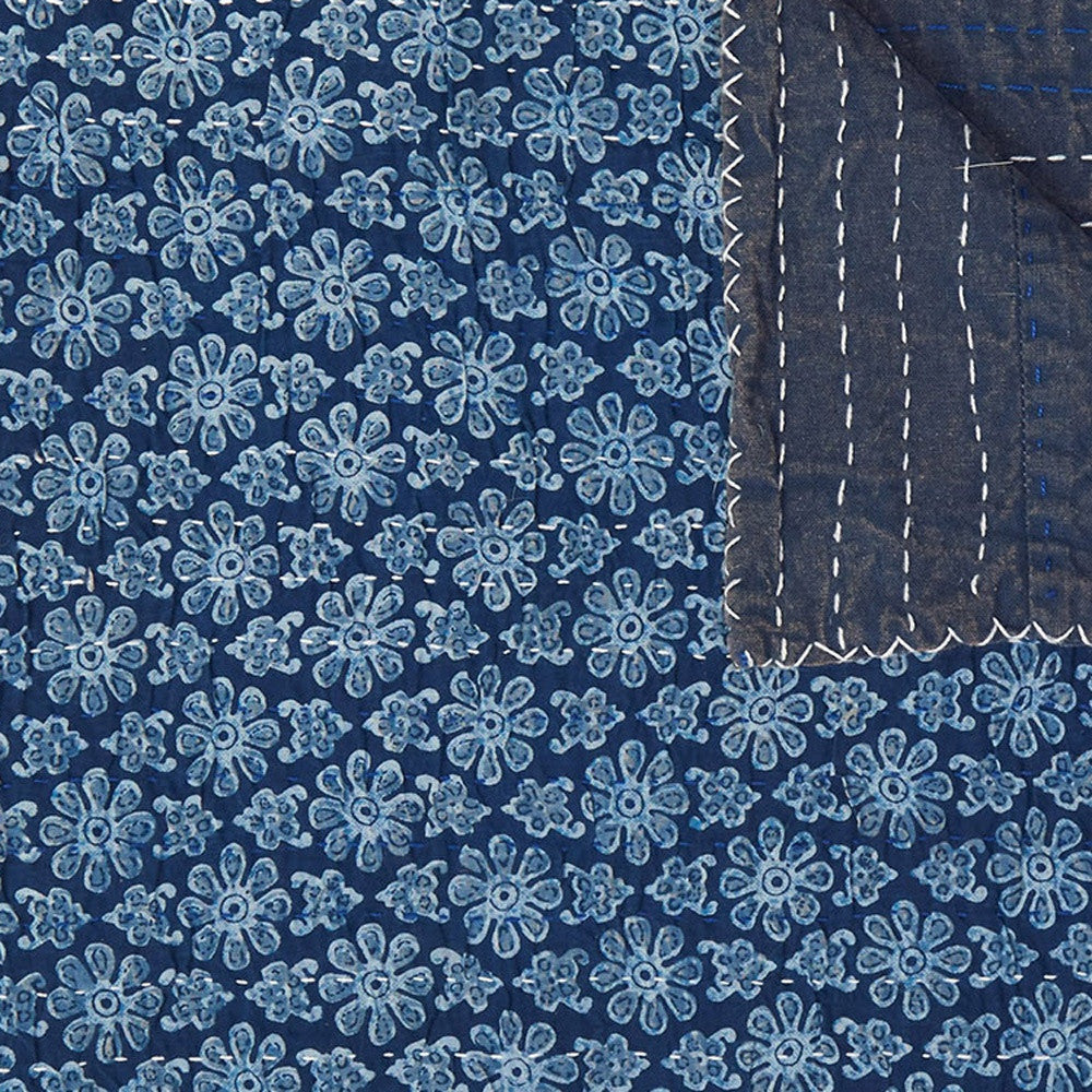 50" X 70" Blue Kantha Cotton Floral Throw Blanket with Embroidery - Homeroots - Flyclothing LLC