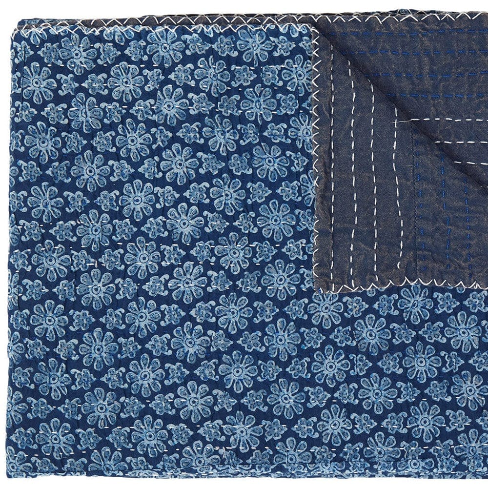50" X 70" Blue Kantha Cotton Floral Throw Blanket with Embroidery - Homeroots - Flyclothing LLC