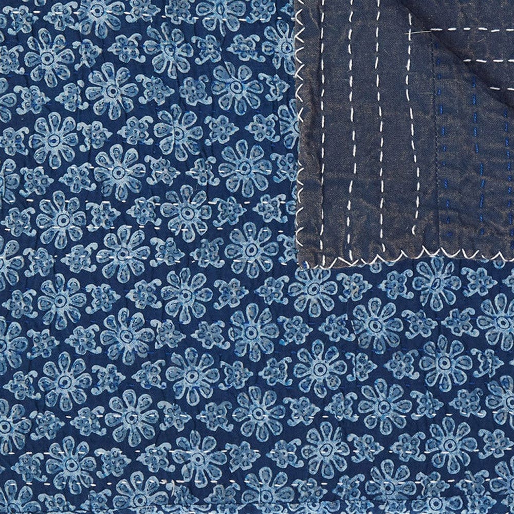 50" X 70" Blue Kantha Cotton Floral Throw Blanket with Embroidery - Homeroots - Flyclothing LLC