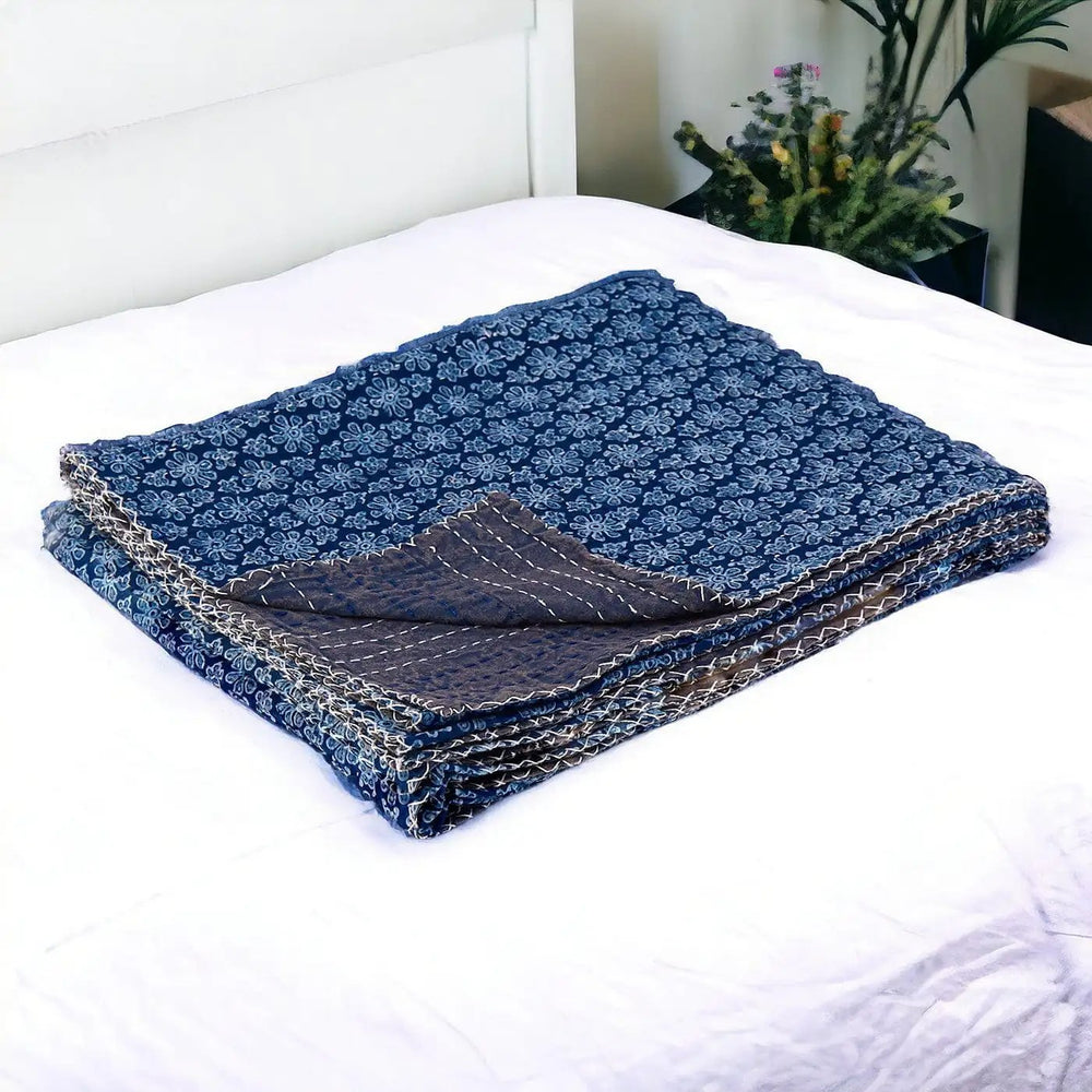 50" X 70" Blue Kantha Cotton Floral Throw Blanket with Embroidery - Homeroots - Flyclothing LLC
