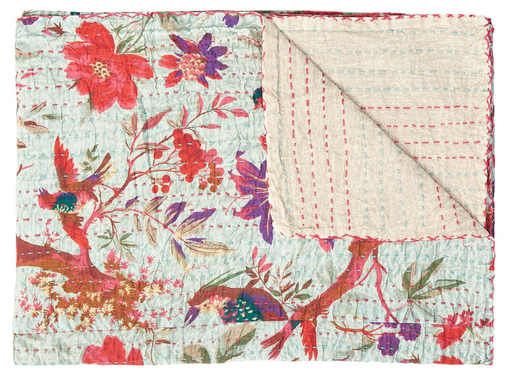 50" X 70" Pink and Ivory Kantha Cotton Floral Throw Blanket with Embroidery - Homeroots - Flyclothing LLC
