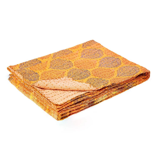 50" X 70" Yellow and Peach Kantha Cotton Patchwork Throw Blanket with Embroidery - Homeroots