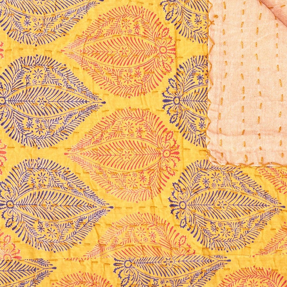 50" X 70" Yellow and Peach Kantha Cotton Patchwork Throw Blanket with Embroidery - Homeroots - Flyclothing LLC