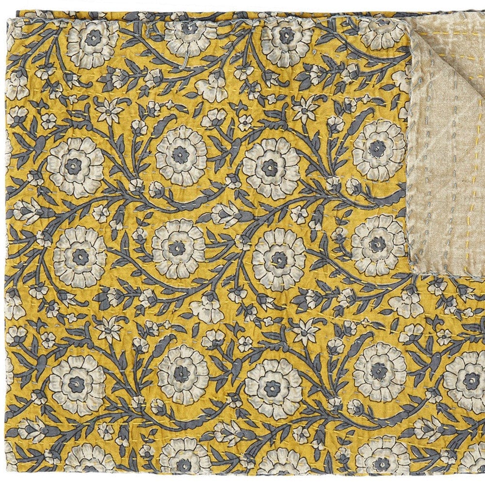 50" X 70" Yellow and Gray Kantha Cotton Floral Throw Blanket - Homeroots - Flyclothing LLC