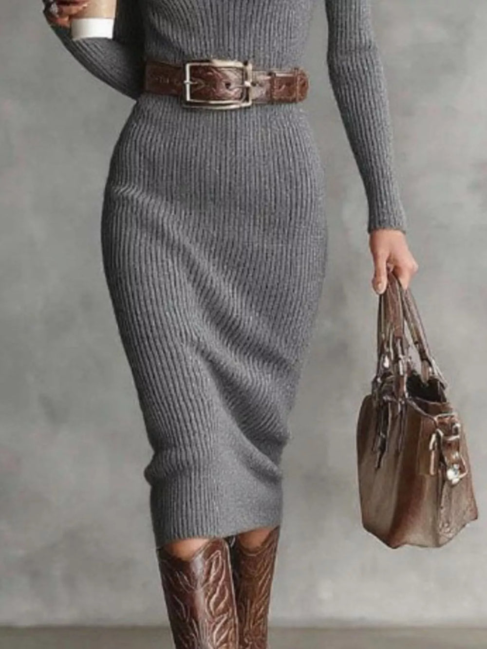 Full Size Ribbed Knit Turtleneck Sweater Dress Plus Size - Trendsi - Flyclothing LLC
