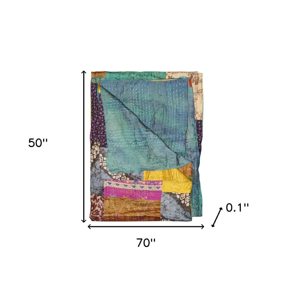 50" X 70" Green and White Quilted Cotton Patchwork Throw Blanket with Embroidery - Homeroots - Flyclothing LLC