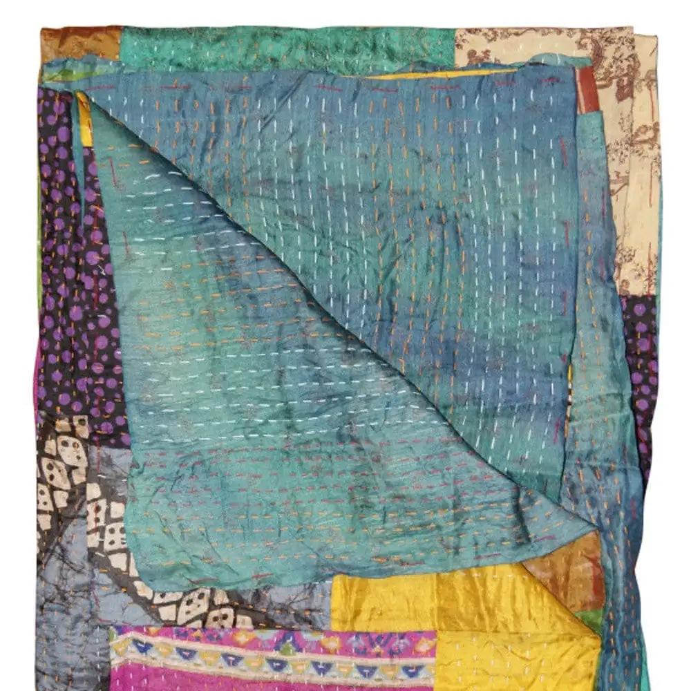 50" X 70" Green and White Quilted Cotton Patchwork Throw Blanket with Embroidery - Homeroots - Flyclothing LLC