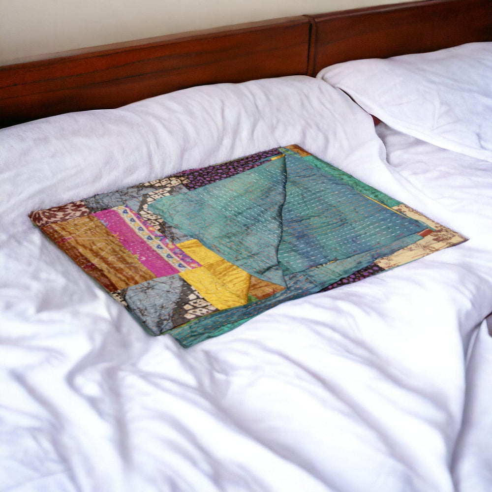 50" X 70" Green and White Quilted Cotton Patchwork Throw Blanket with Embroidery - Homeroots - Flyclothing LLC