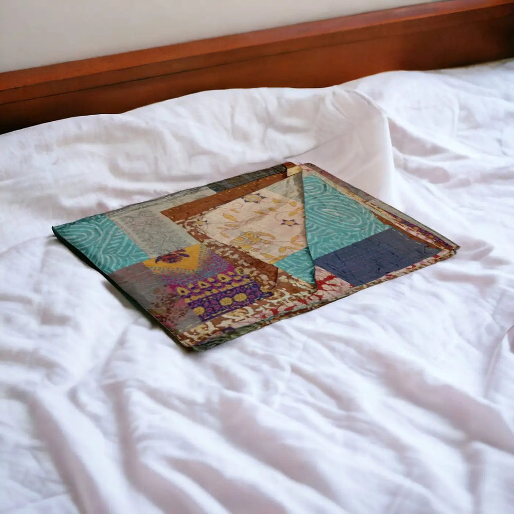 50" X 70" Green and Brown Quilted Cotton Patchwork Throw Blanket with Embroidery - Homeroots - Flyclothing LLC