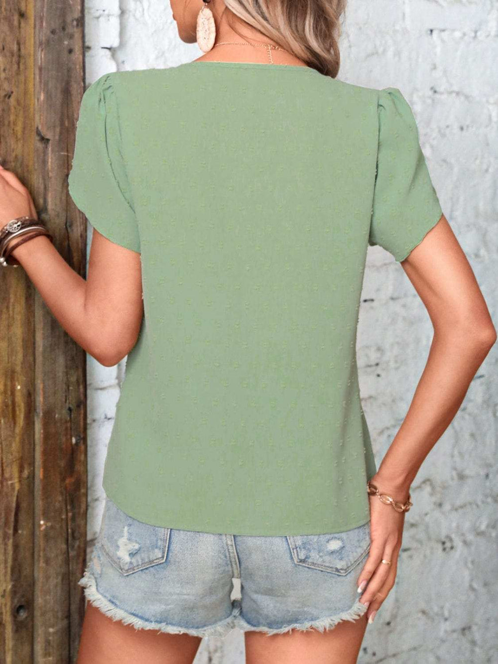 Swiss Dot V-Neck Petal Sleeve Blouse - Trendsi - Flyclothing LLC