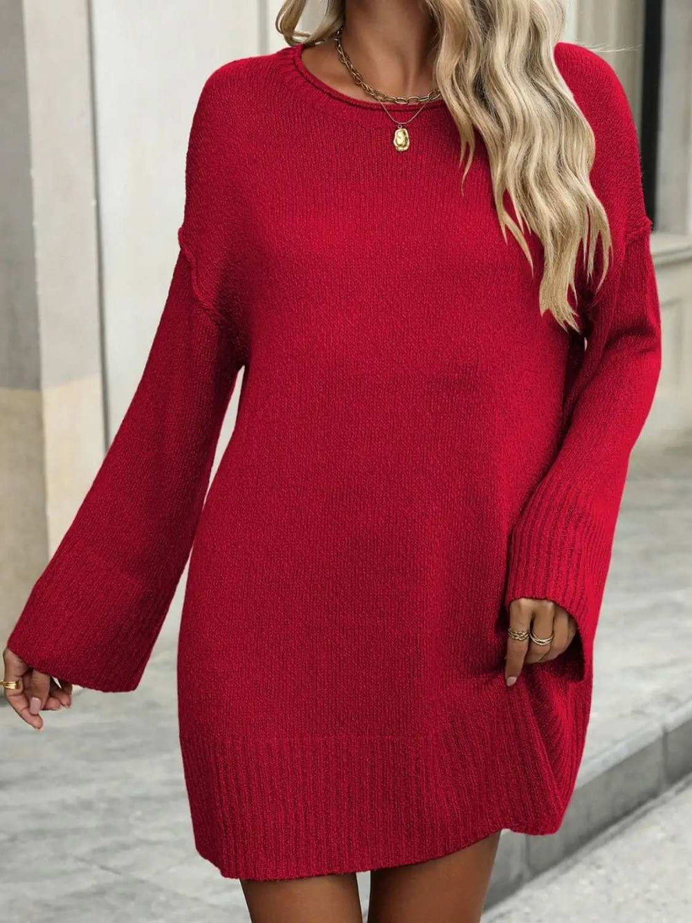 Round Neck Dropped Shoulder Sweater - Trendsi - Flyclothing LLC