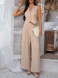 Devine Button Down Vest and Wide Leg Pants Set - Trendsi - Flyclothing LLC