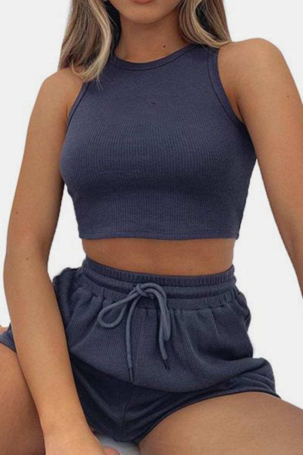 Round Neck Top and Drawstring Shorts Set - Trendsi - Flyclothing LLC
