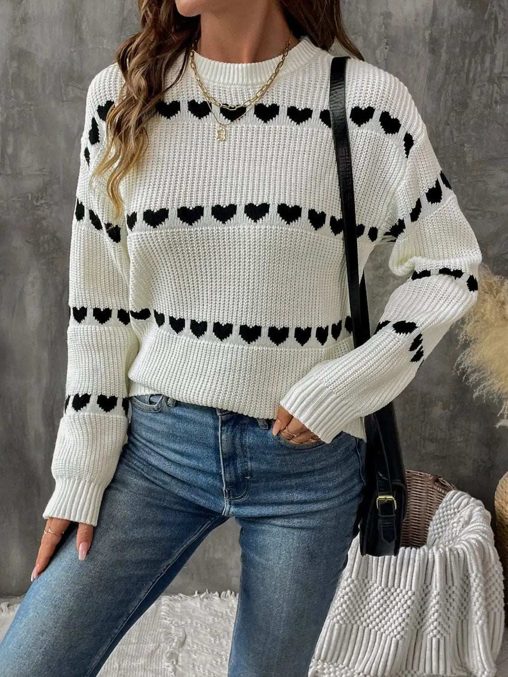 Heart Round Neck Long Sleeve Sweater - Trendsi - Flyclothing LLC