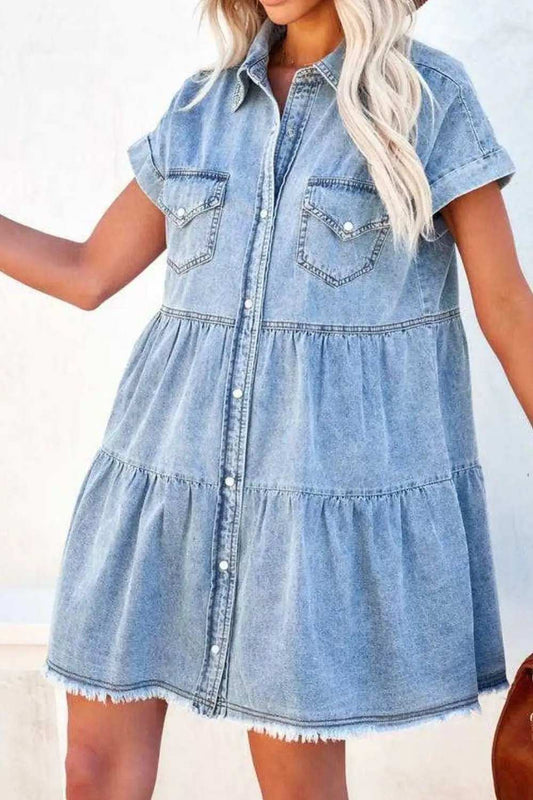 Raw Hem Button Down Denim Mini Dress - Trendsi - Flyclothing LLC