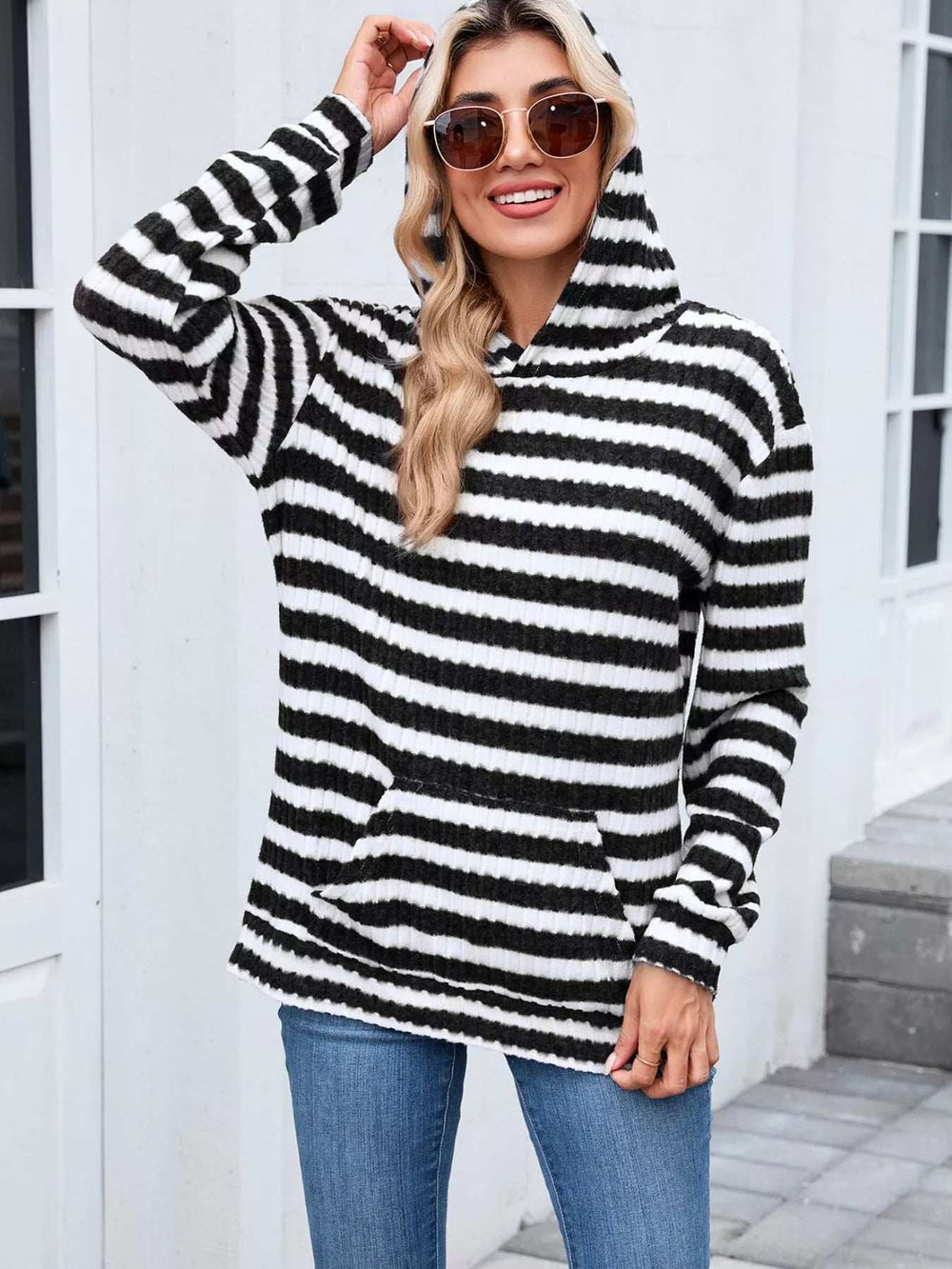 Striped Dropped Shoulder Hoodie - Trendsi - Flyclothing LLC