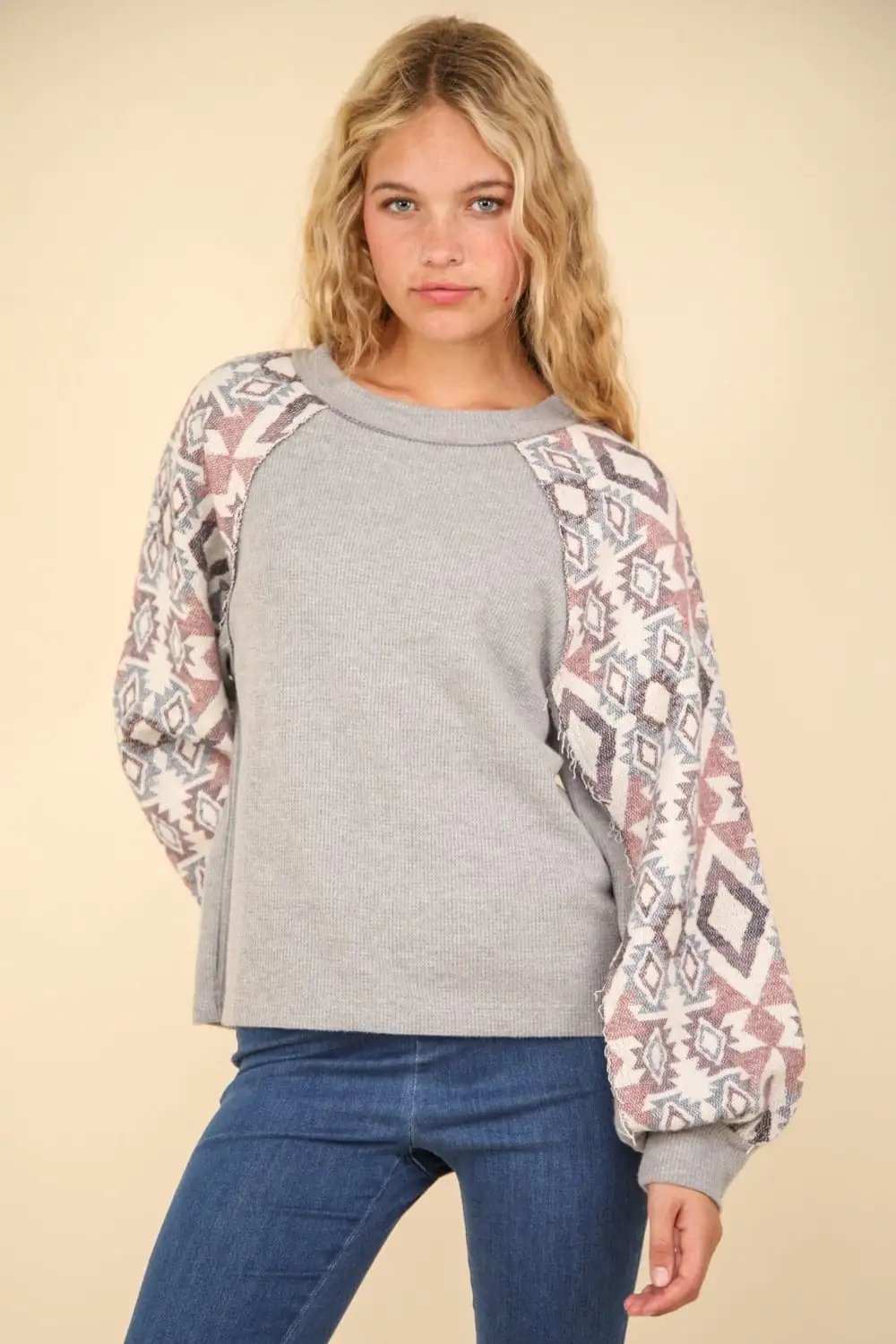 VERY J Printed Long Sleeve Round Neck Knit Top - Trendsi - Flyclothing LLC