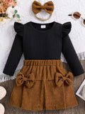 Children's Ribbed Top and Bow Skirt Set with Headband - Trendsi - Flyclothing LLC
