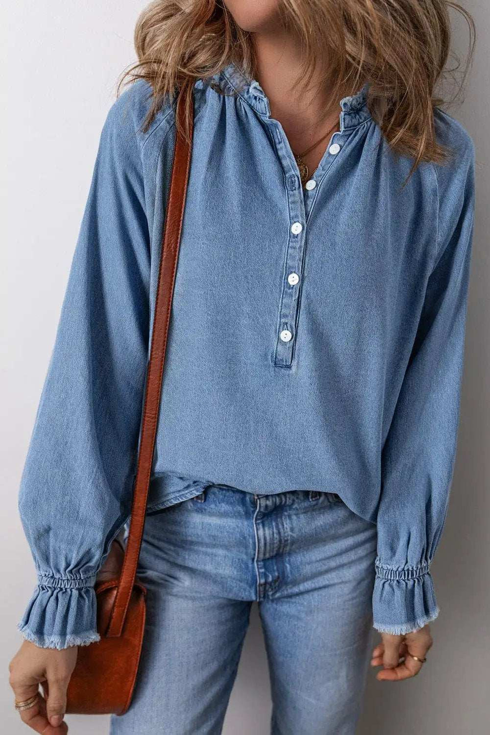 Half Button Long Sleeve Denim Top - Trendsi - Flyclothing LLC