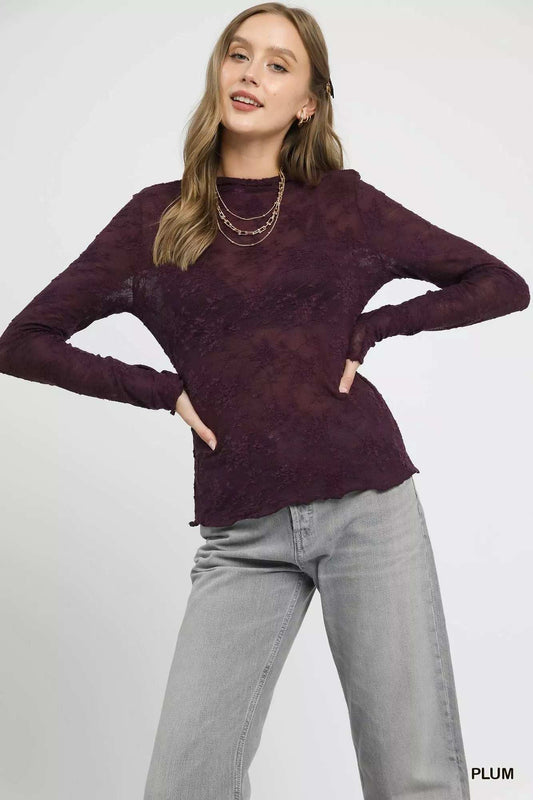 Umgee Lace Sheer Long Sleeve Top - Trendsi - Flyclothing LLC