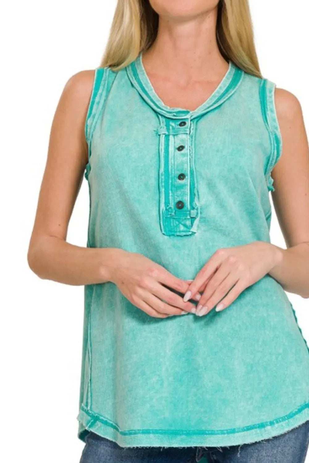 Zenana Washed Half-Button Raw Edge Sleeveless Henley Top - Trendsi - Flyclothing LLC