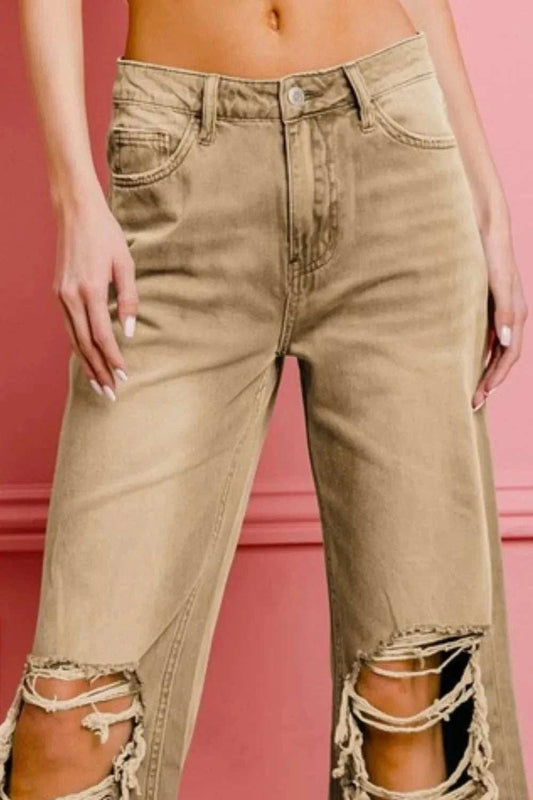 BiBi Distressed Vintage Washed Wide Leg Pants - Trendsi - Flyclothing LLC