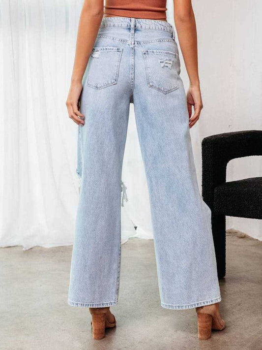 Distressed Wide Leg Jeans with Pockets - Trendsi - Flyclothing LLC