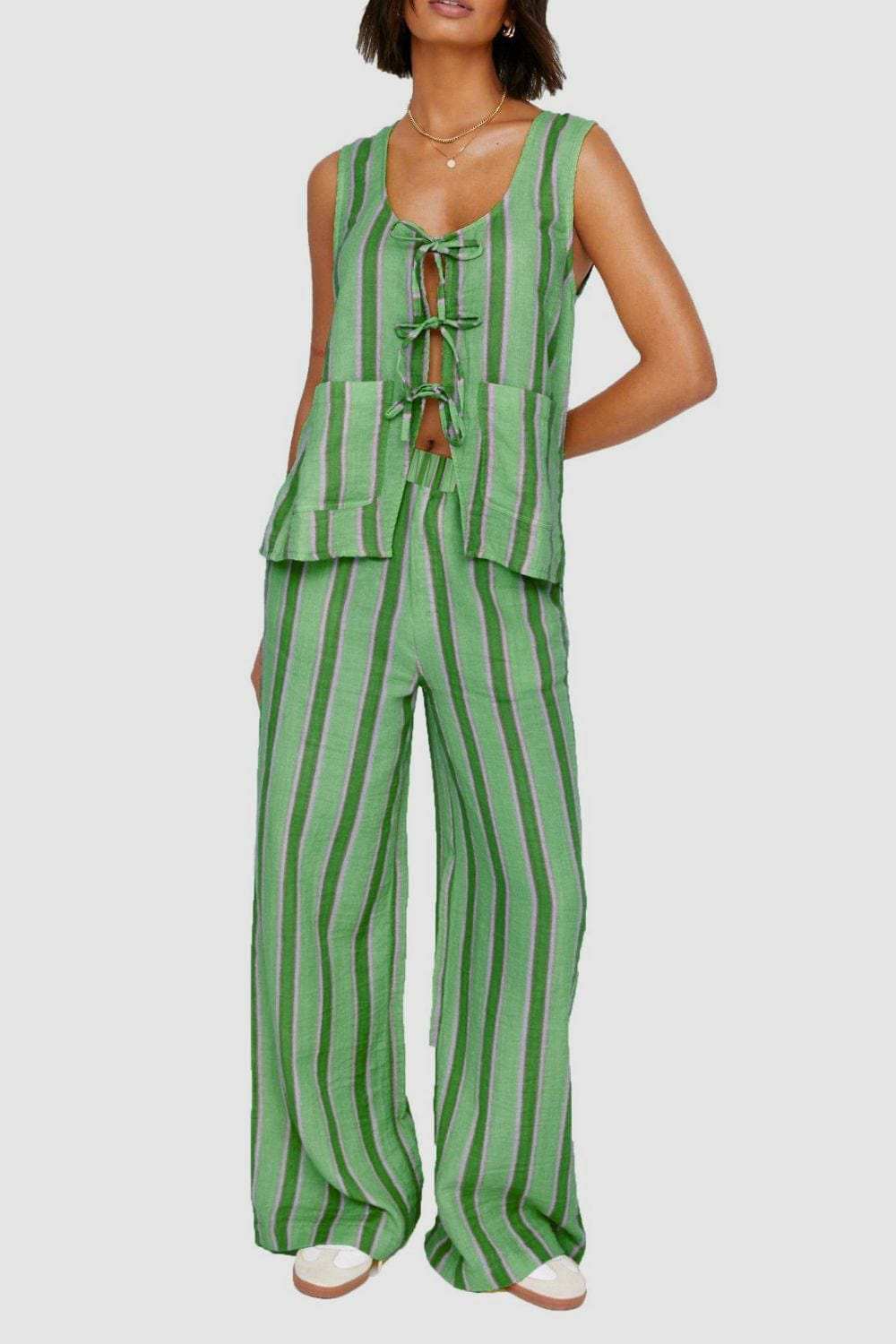 Tied Front Striped Top and Pants Set - Trendsi - Flyclothing LLC