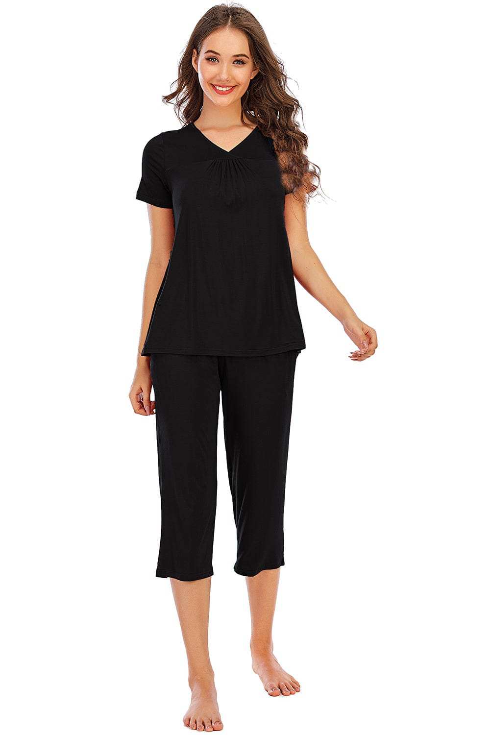 V-Neck Short Sleeve Top and Pants Lounge Set - Trendsi - Flyclothing LLC