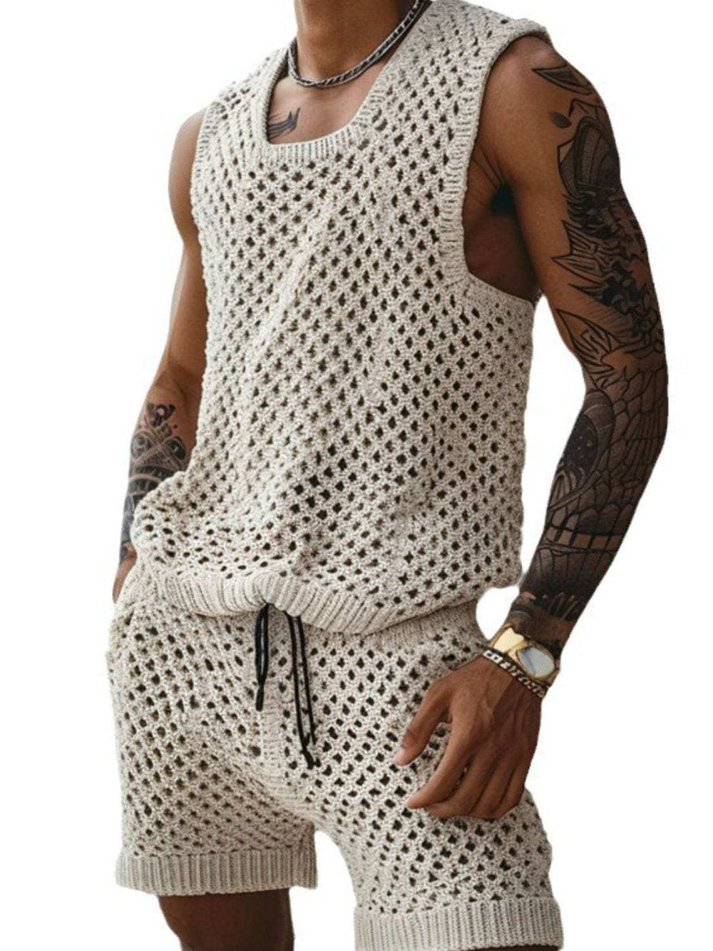Men's Plus Size Hollow Out Round Neck Tank and Shorts Set - Trendsi - Flyclothing LLC