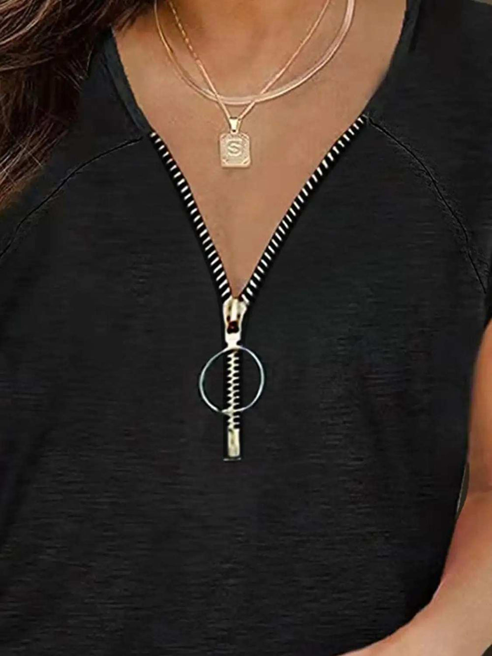 Full Size Half Zip Cap Sleeve T-Shirt - Trendsi - Flyclothing LLC