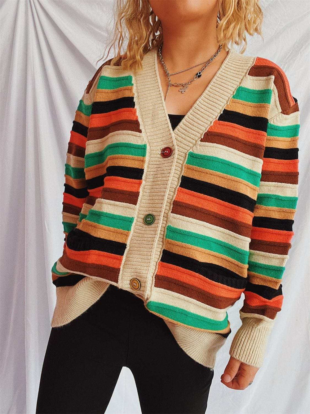 Contrast Stripes Button Up Long Sleeve Cardigan - Trendsi - Flyclothing LLC