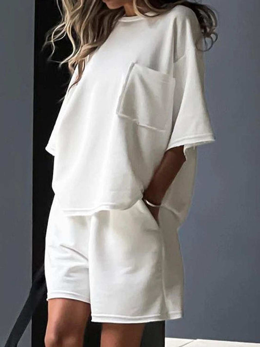Pocketed Round Neck Half Sleeve Top and Shorts Set - Trendsi - Flyclothing LLC
