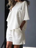 Pocketed Round Neck Half Sleeve Top and Shorts Set - Trendsi - Flyclothing LLC