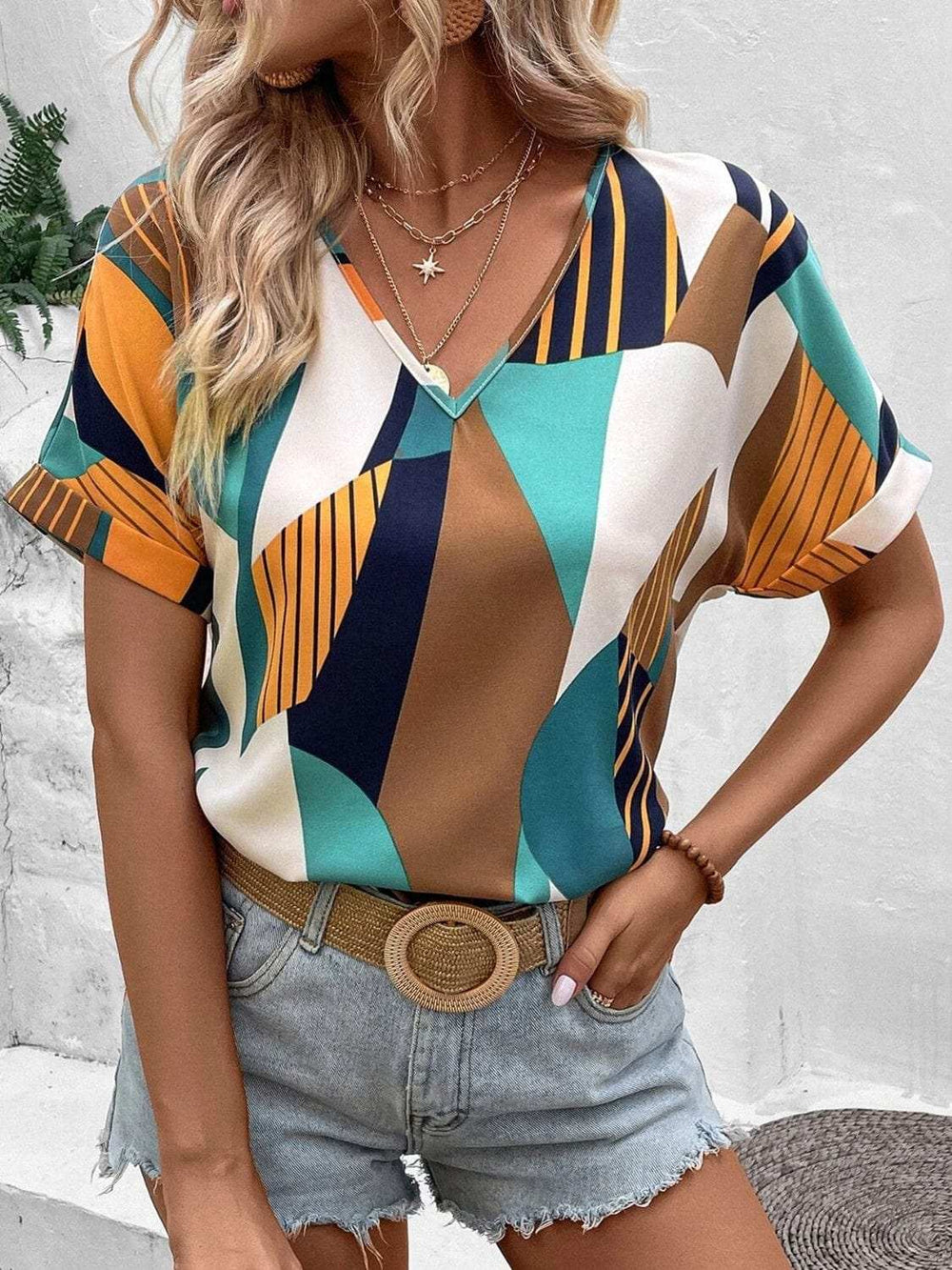 Printed V-Neck Short Sleeve Blouse - Trendsi - Flyclothing LLC