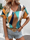 Printed V-Neck Short Sleeve Blouse - Trendsi - Flyclothing LLC