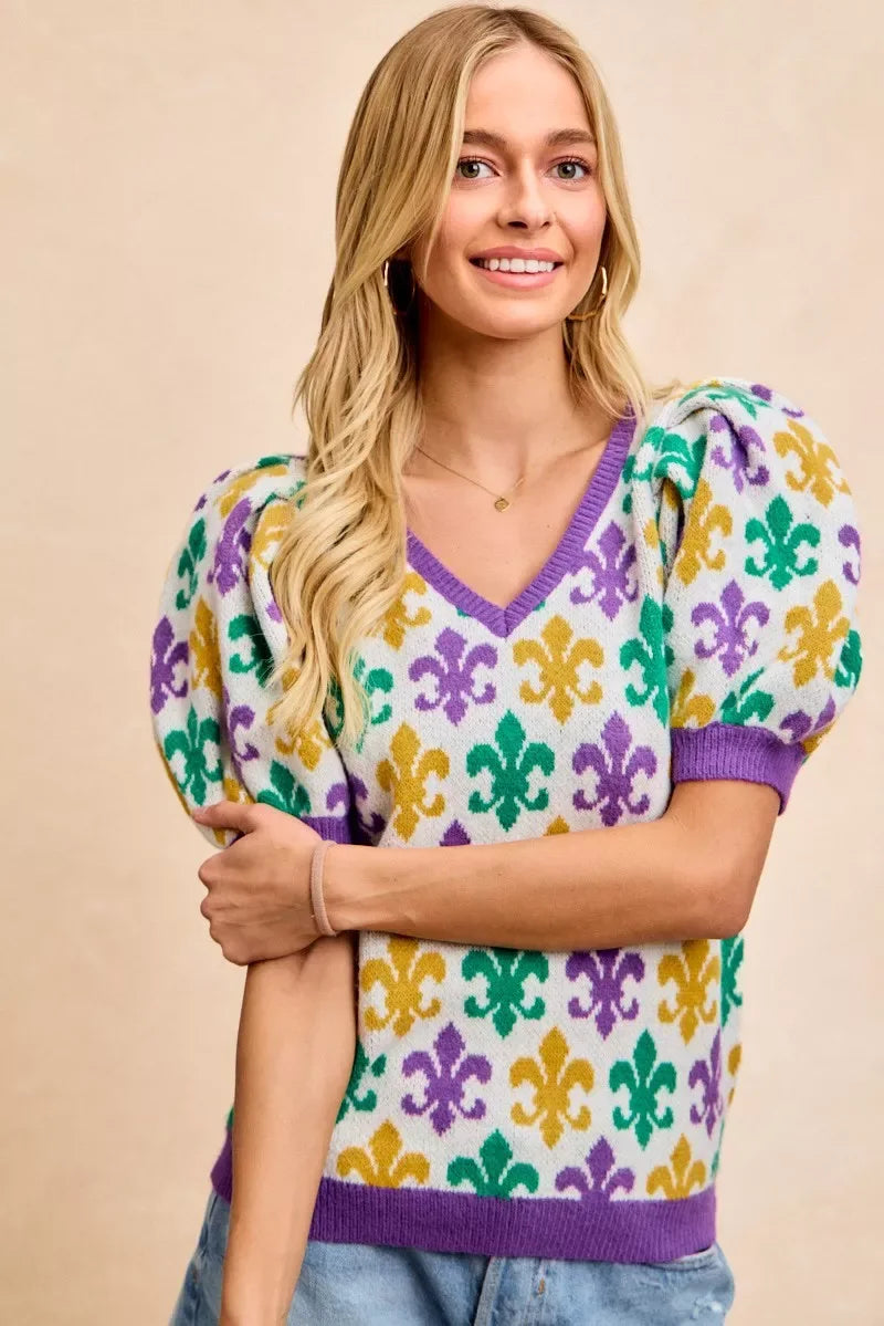 BiBi Mardi Gras Fleur De Lis Patterned V Neck Knit Top - Trendsi - Flyclothing LLC