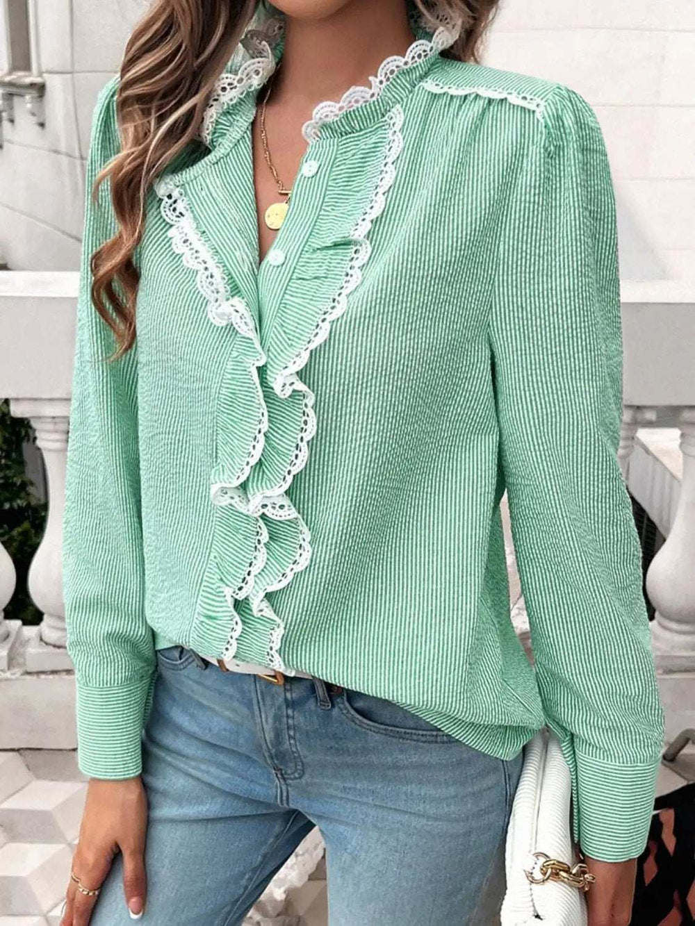 Lace Detail Ruffled Round Neck Long Sleeve Shirt - Trendsi - Flyclothing LLC