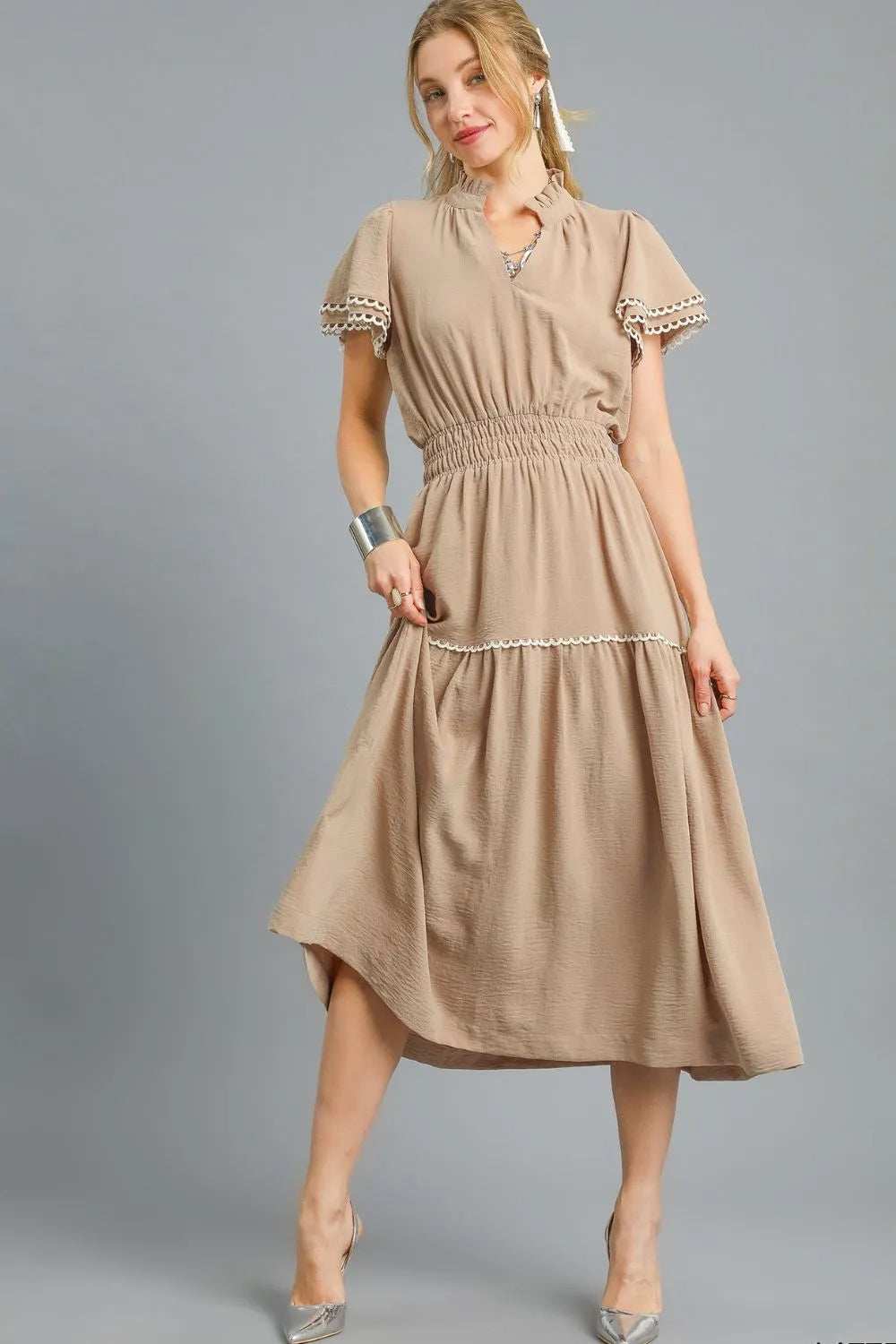 Umgee Tiered Flutter Sleeve Midi Dress - Trendsi - Flyclothing LLC