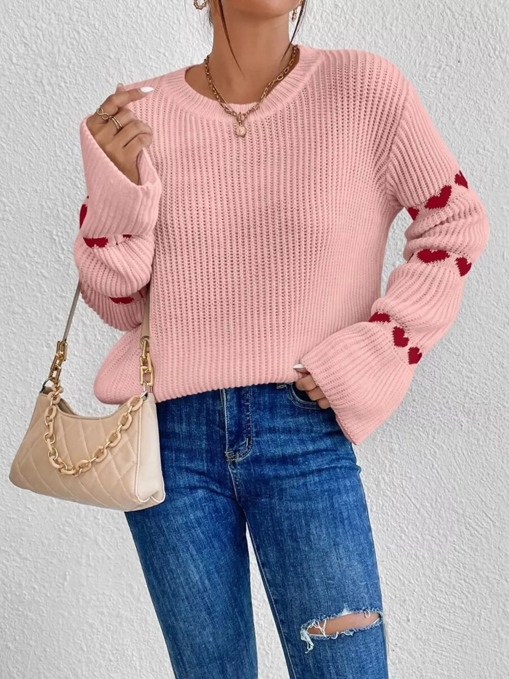 Heart Pattern Round Neck Sweater - Trendsi - Flyclothing LLC