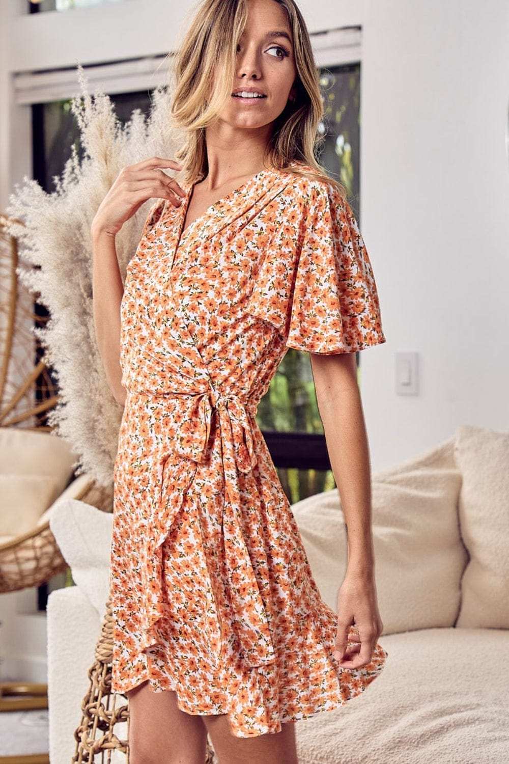 BiBi Floral Tied Short Sleeve Mini Wrap Dress - Trendsi - Flyclothing LLC