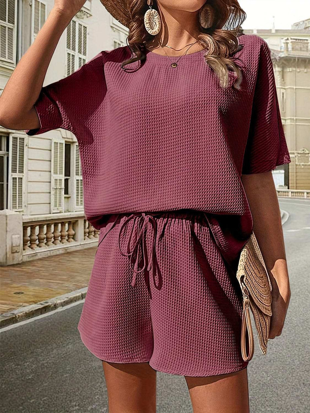 Waffle-Knit Half Sleeve Top and Shorts Set - Trendsi - Flyclothing LLC